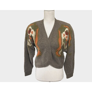 Leslie Fay Lambswool Angora Crop Cardigan Sz PS‎ Brown Floral Open Classic